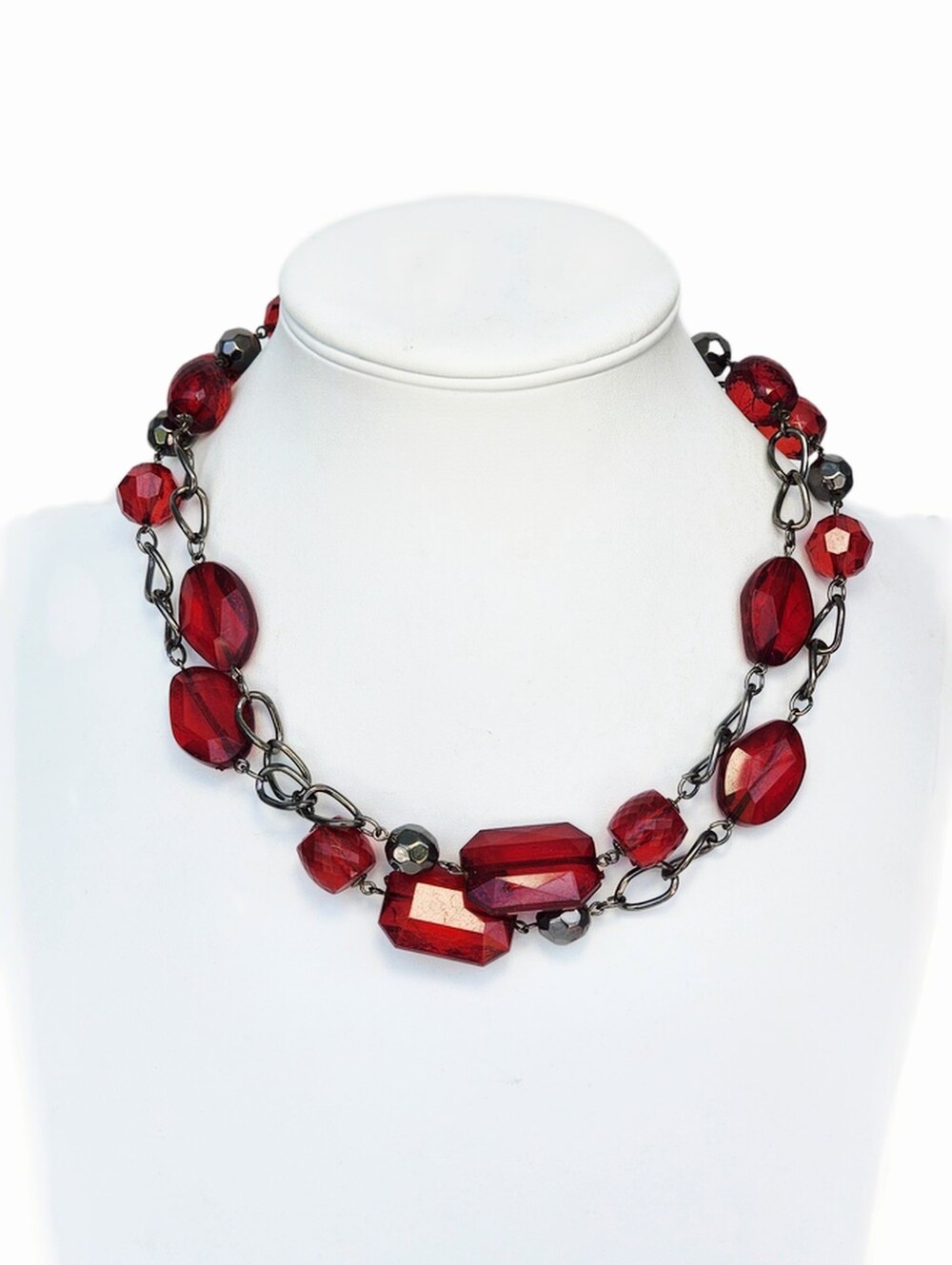 Deep Red and Gunmetal Faceted Bead Long Necklace - Single It or Double It!
